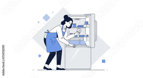 A Woman Examining Refrigerator Contents with a Cold-Measuring Device in the Kitchen