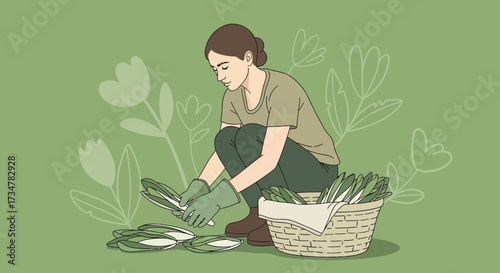 A Woman Harvesting Fresh Vegetables From The Garden Using Gloves And A Basket