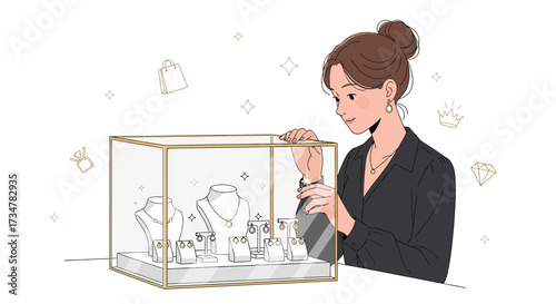 A Woman Gaze At Jewellery In A Display Case, Choosing Exquisite Accessories