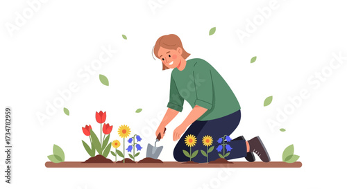 A woman gardening planting flowers in the garden during springtime illustration