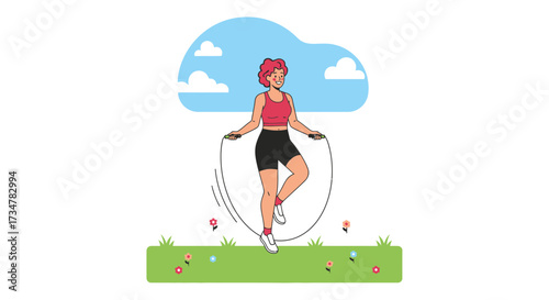 A Lady with red hair doing jump rope at outdoors to stay healthy and fit