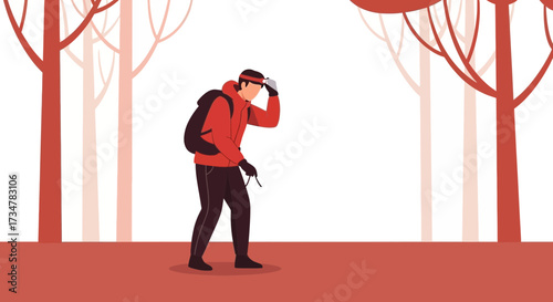 A lone hiker in red jacket walking through a minimalistic forest with trees
