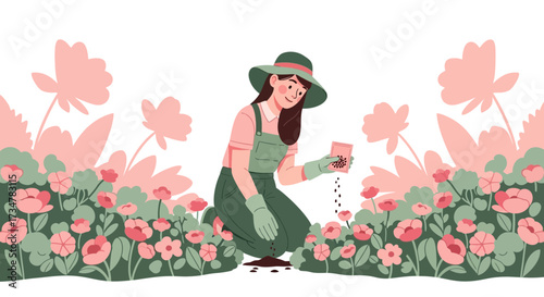 A woman is planting seeds in a flower garden surrounded by nature and beauty