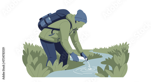 A lone hiker collects water from a stream to stay hydrated while on an outdoor adventure