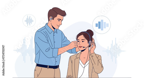 A man adjusting a headset on a woman's head, customer service or assistant scene