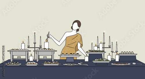 A Woman Lights Candles At A Formal Event With Delicious Treats Displayed Nicely