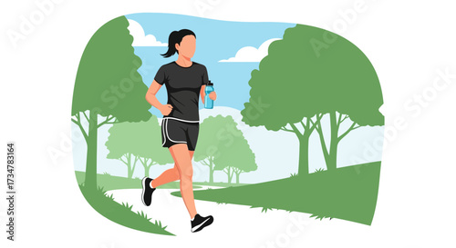 A woman jogging in a park during daytime with green trees and blue sky