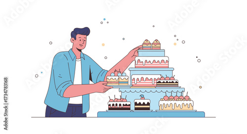 A Man Assembling a Multiple Tier Cake as a Conceptual Illustration for Confectionery