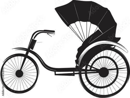 Traditional black silhouette cycle rickshaw vector, Asian pedicab transportation graphic