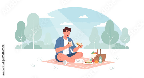 A Man Enjoying A Delightful Picnic Outdoors Amidst Lush Green Scenery On A Sunny Day