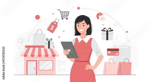 A woman shopping online using a tablet device with bags and gifts around