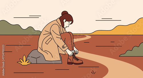 A woman sitting on a rock near the road is tightening her shoes preparing for the journey