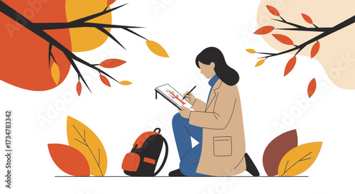 A woman sketching nature in the autumn under a tree with a backpack nearby
