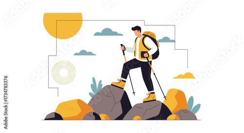 A man hiking on the mountain with hiking poles and a backpack graphic illustration