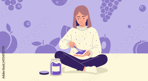 A Woman Spreads Jam on Toast, Enjoying a Relaxing Breakfast in a Homey Setting