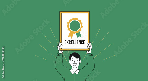 A Man Holds a Sign of Excellence Signifying Achievement and Superior Quality