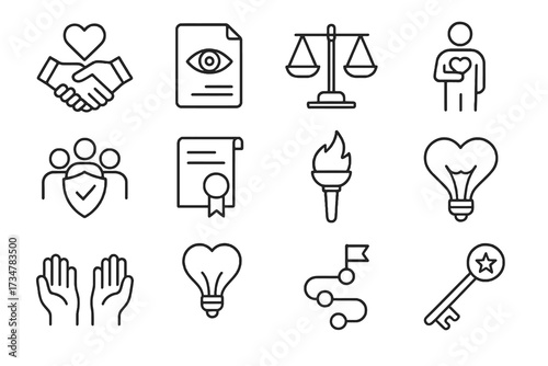 Collection of 12 linear icons about moral values, featuring certificates, unity, guidance, balance, ethical journeys, and trustworthy actions.