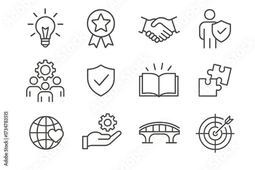 Collection of 12 linear icons representing business values, featuring badges, shields, light bulbs, collaboration, trust, and global responsibility.