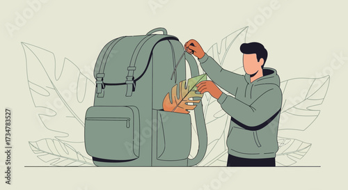 A Man Packing His Backpack With Leaves For Nature Adventures And Exploration