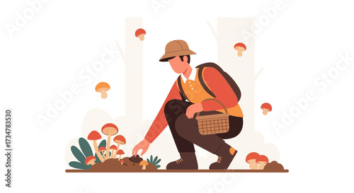 A man picking mushrooms in the forest with a basket, an autumn forest activity