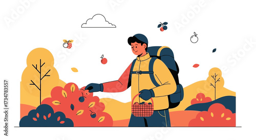 A man picking berries in the forest during autumn. Conceptual illustration for harvest time
