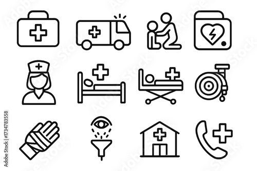 Set of 12 thin line editable icons for workplace first aid, including ambulance, stretcher, nurse, defibrillator, health station, and emergency kits.