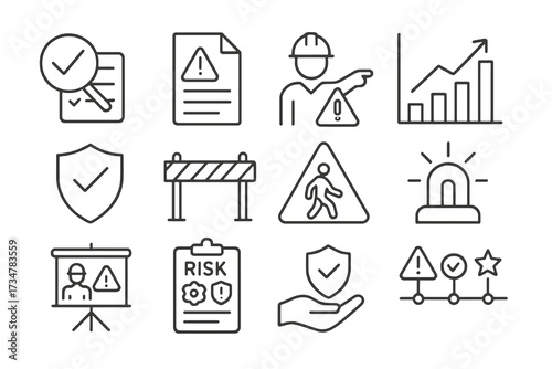 Collection of 12 linear icons about workplace safety analysis, featuring hazard zones, safety training, shields, and regulatory checklists.