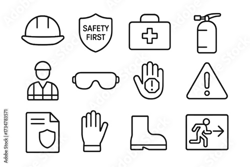 Collection of 12 linear icons about occupational security, featuring helmets, gloves, insurance, safety boots, regulations, and risk alerts.