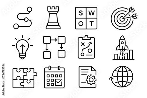 Collection of 12 linear icons related to strategic planning, featuring light bulbs, chess symbols, rockets, flowcharts, and milestone paths.