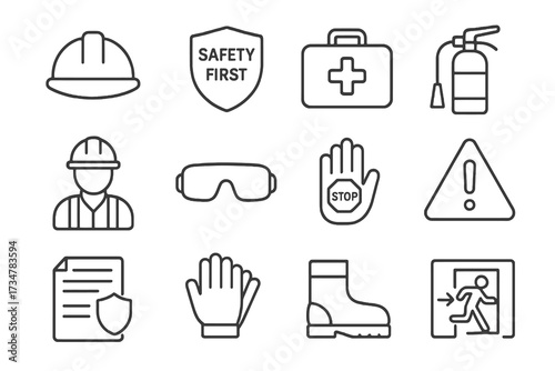 Set of 12 thin line editable icons for workplace safety, including PPE, first aid, fire extinguisher, hazard prevention, and emergency exits.