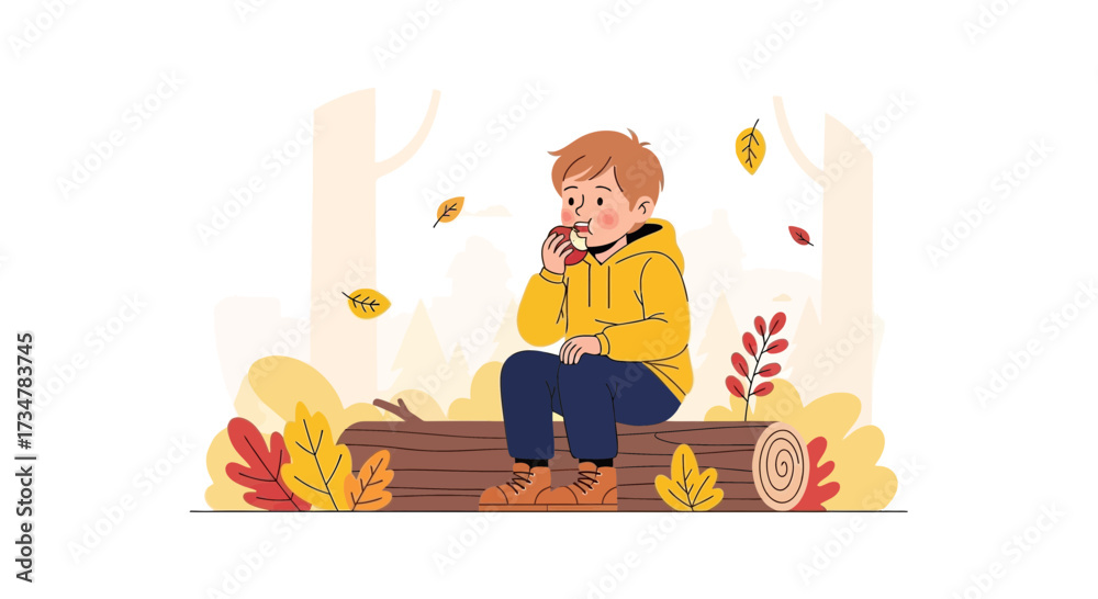 Fototapeta premium A Young Boy Eating an Apple and Enjoying Autumn Sitting on a Log