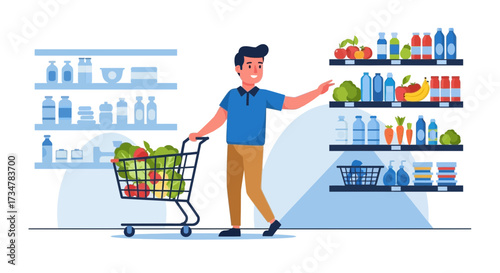 A man shopping for groceries at the supermarket, full shopping cart and shelves with goods