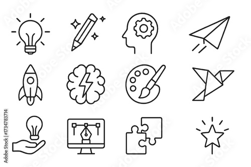 Collection of 12 linear icons for design and innovation: inspiration, originality, human imagination, painting, problem solving, and creative sparks.
