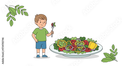A Young Boy Eagerly Prepares To Enjoy A Fresh And Nutritious Salad Meal