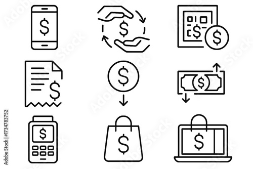Set of 12 thin line editable icons about financial transactions, including payments, receipts, exchanges, QR codes, online shopping, and digital money.
