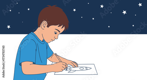 A young boy drawing a rocket ship picture, dreaming of space travel and exploration