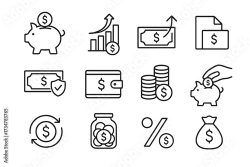 Set of 12 thin line editable icons about earning and saving, including piggy banks, investments, secure money, charts, coin jars, and digital wallets.