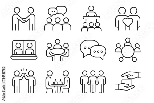 Collection of 12 linear icons about communication and relationships: teamwork, unity, conversations, public speaking, and social connections.