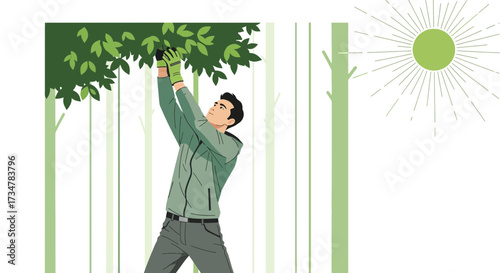 A man tending to a tree, a sunny day, environmental care and sustainable activity illustration