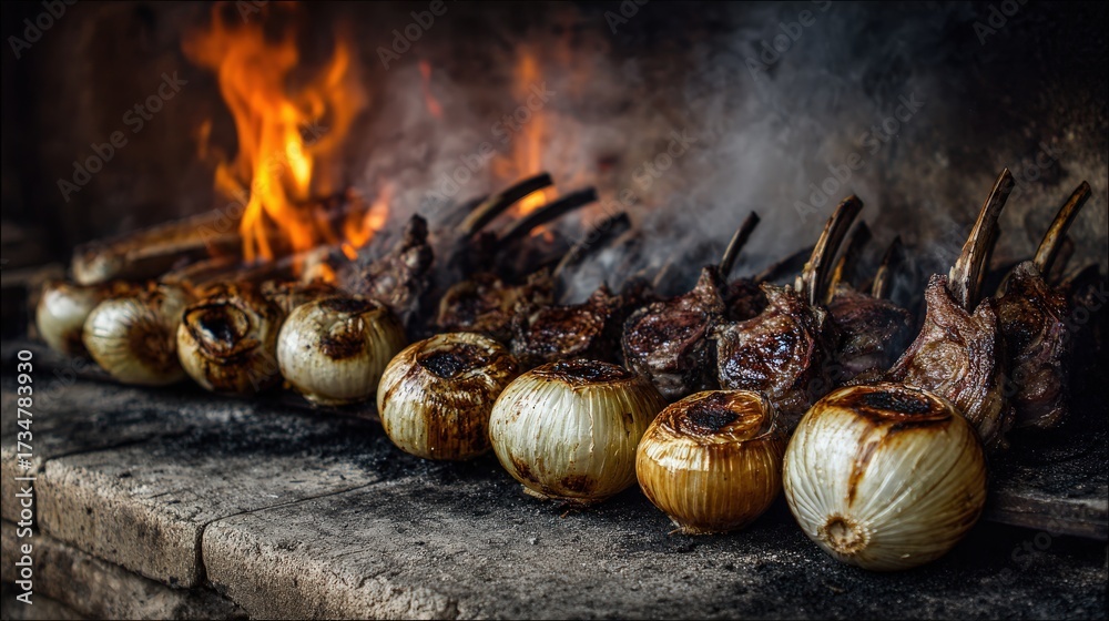 Fototapeta premium Sizzling flames illuminate a barbecue scene where various cuts of meat and whole onions grill, creating a rustic and appetizing display.