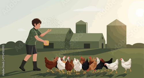 A young boy feeding chickens on a farm with barns in the background illustration
