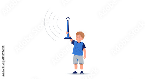 A young boy holding a signal transmitter in his hand with copy space or white background