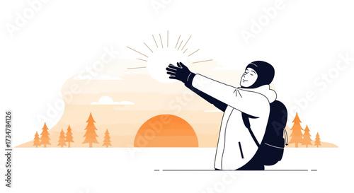 A person enjoying sunrise during a hike with trees and a backpack outdoors