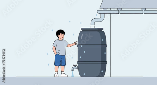 A young boy inspecting a rain barrel, sustainable water collection concept