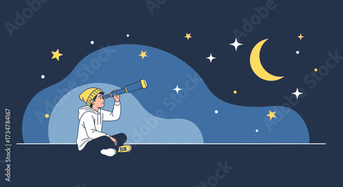A Person Gazing at the Night Sky Through a Telescope in a Starry Night Scene