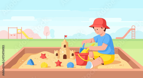A young boy is playing in a sandbox, building a sandcastle on a sunny day