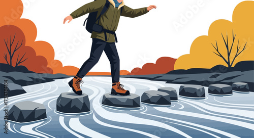 A person hiking across stepping stones in a river during a sunny day illustration