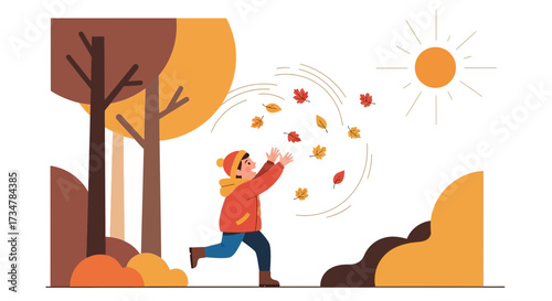 A young boy playing with falling leaves in the autumnal season illustration