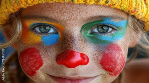 Close up of a young person’s face with colourful paint. They have a red nose, red cheek circles, blue and yellow around one eye, and blue and green around the other