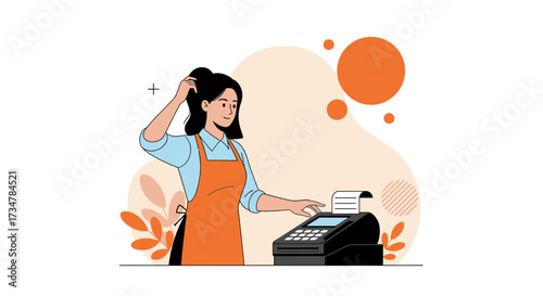 A Young Cashier Contemplating Transaction Issues While Facing a Cash Register